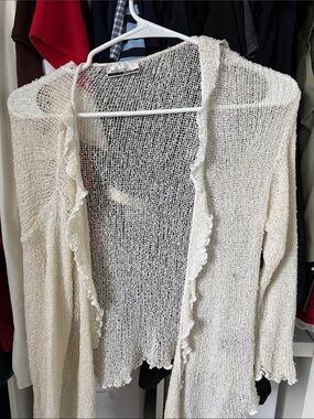 Vintage Cream Open-Front Knit Cardigan with Ruffle Trim